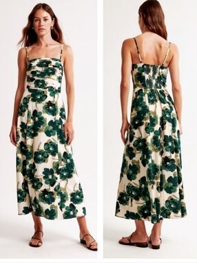 Abercrombie & Fitch Emerson Crepe Midi Cream and Green Floral Dress Sz XsP